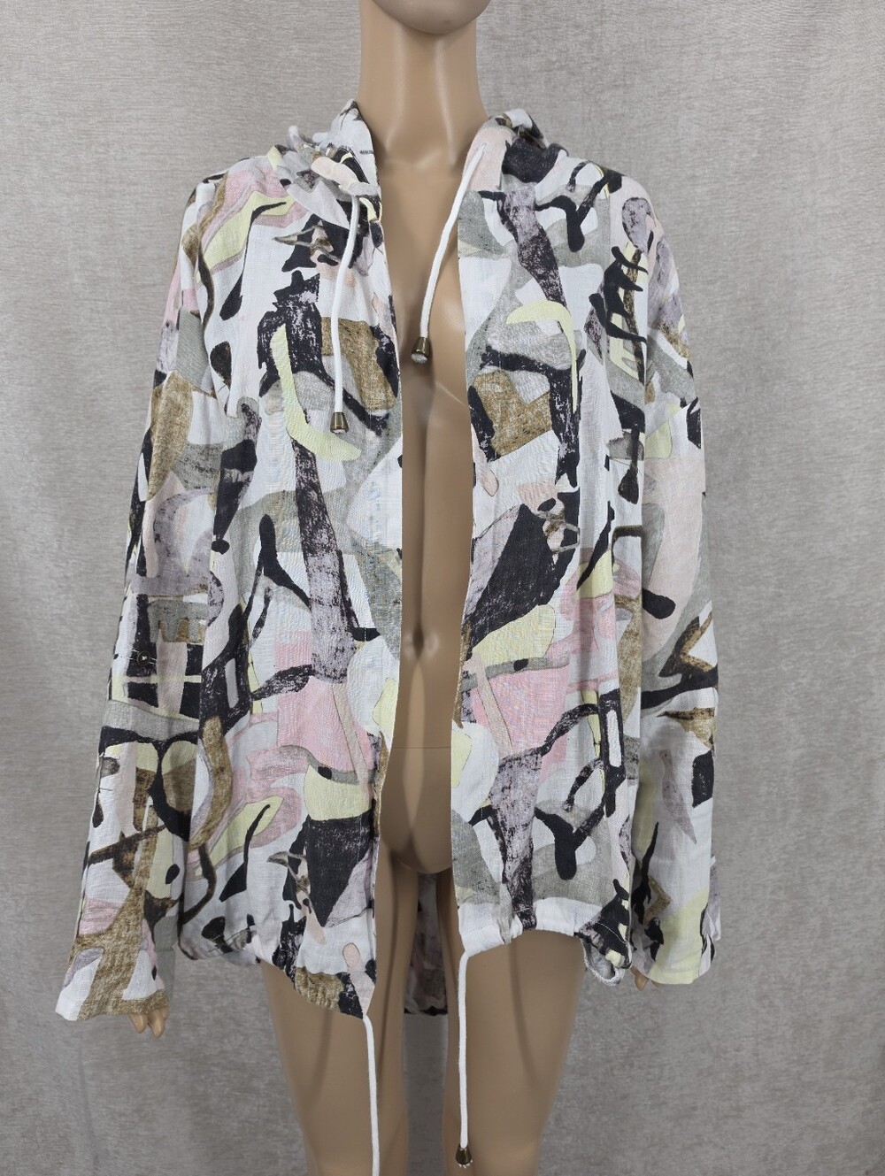 100% Linen Lightweight Abstract Print Hooded Jacket Open Style Roll Tab Sleeves